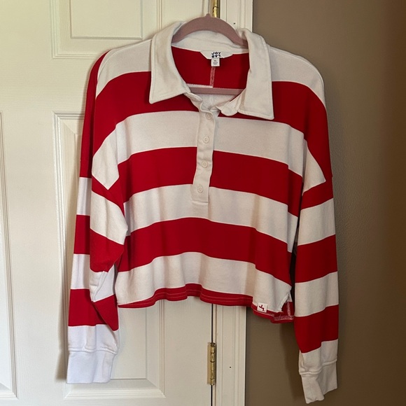 JoyLab Tops - Joy Lab Red and White Striped Cropped Rugby Top